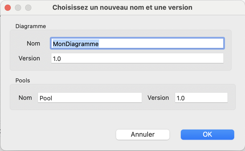 pop up de modification de nom et version de diagramme et pool